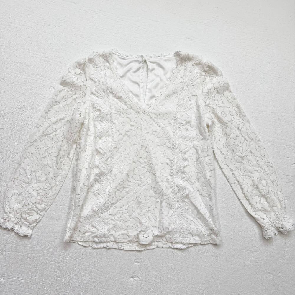 White Lace Long Sleeve Blouse V-Neck Sheer Lined, Size Small